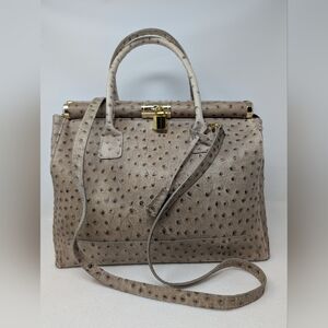 Women's Vintage Pelle Di Giada Tan Ostrich Embossed Gen Leather Satchel Handbag